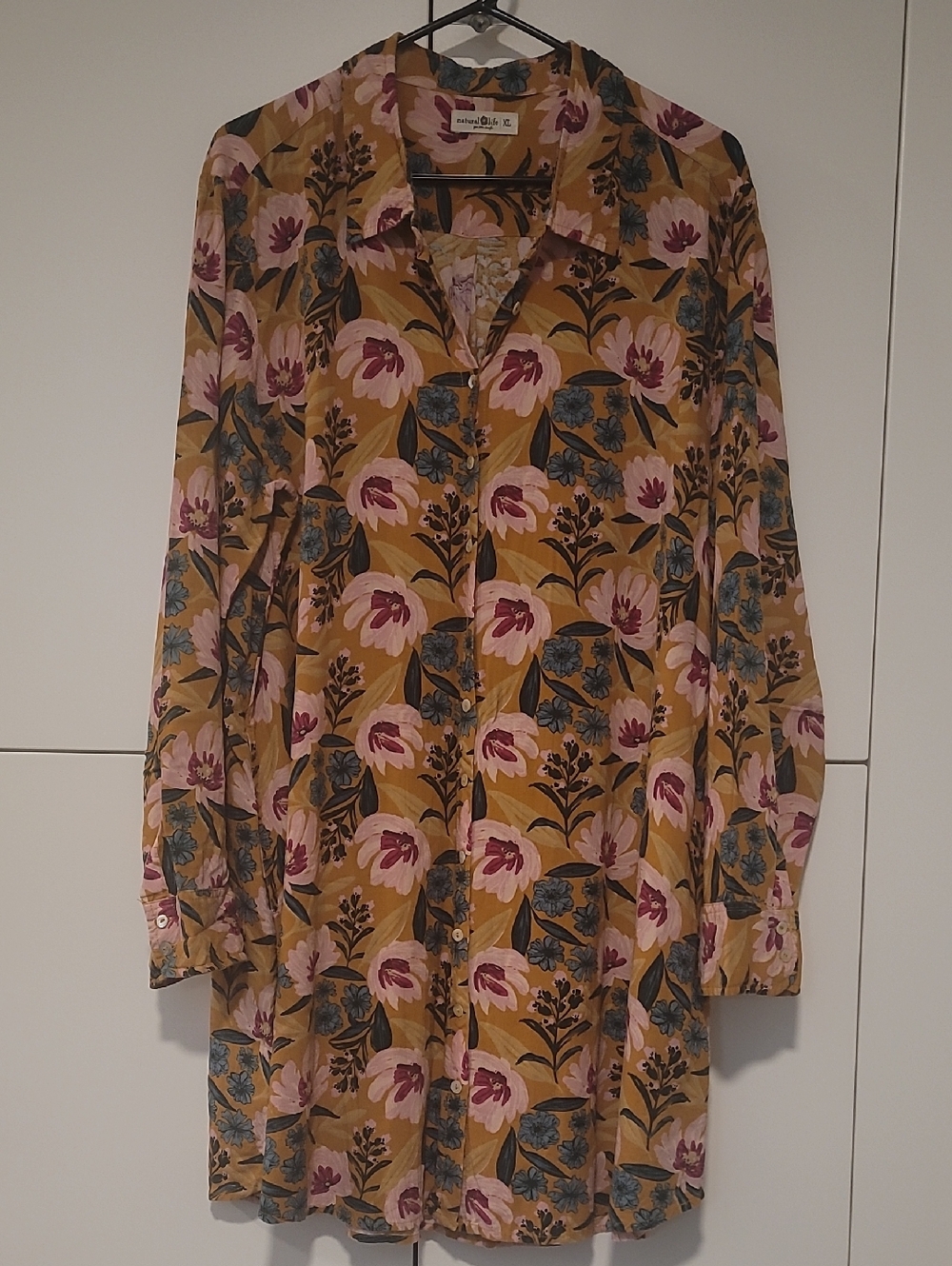 NATURAL LIFE Mustard Floral Button-Front Dress with Pink and Blue Accents - Picture 2 of 5